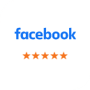 Facebook logo with five orange stars rating below it for Delray Orthodontics reviews.