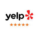 Yelp logo with five gold stars, indicating excellent customer ratings for Delray Orthodontics.