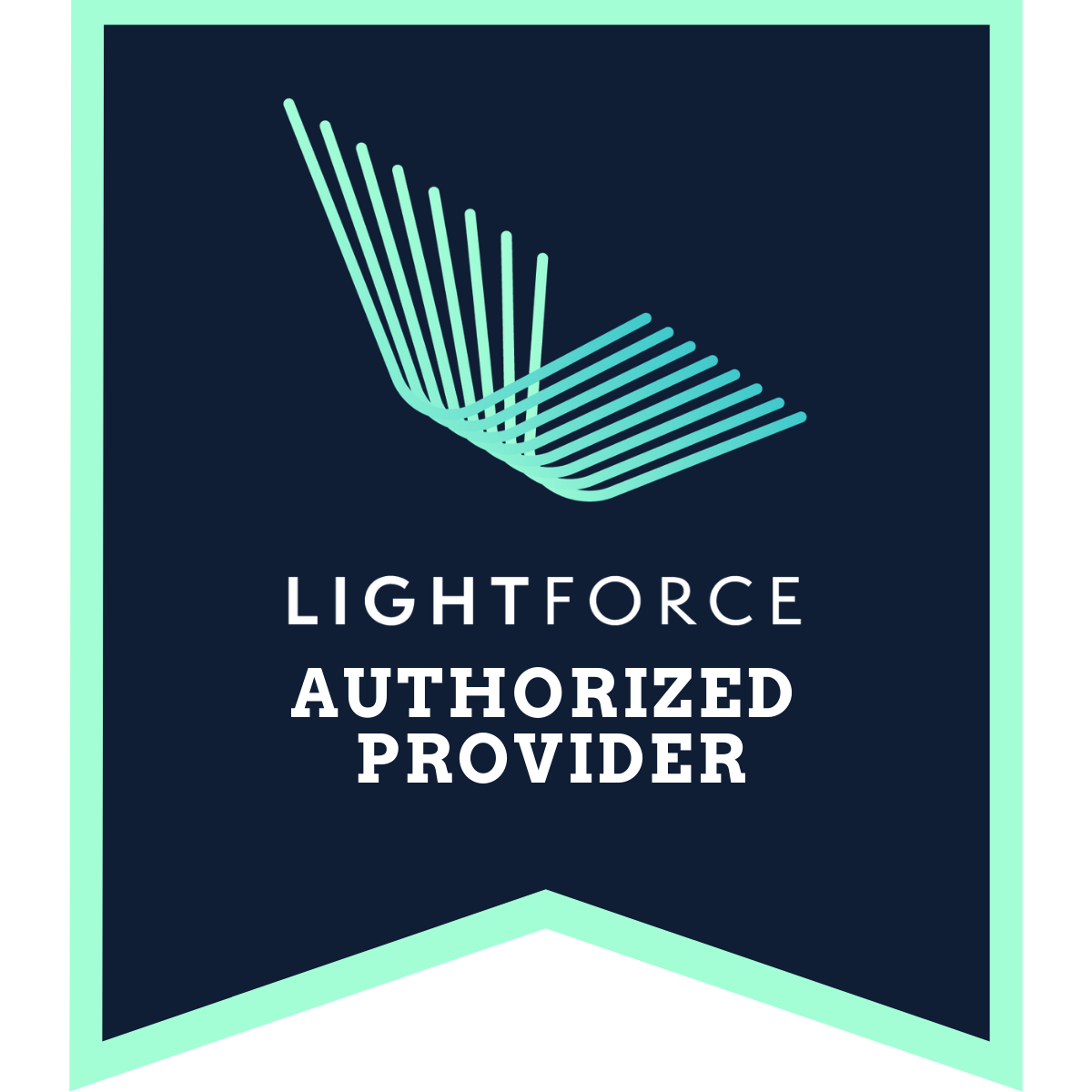 Lightforce Authorized Provider badge with mint green lines on dark background.