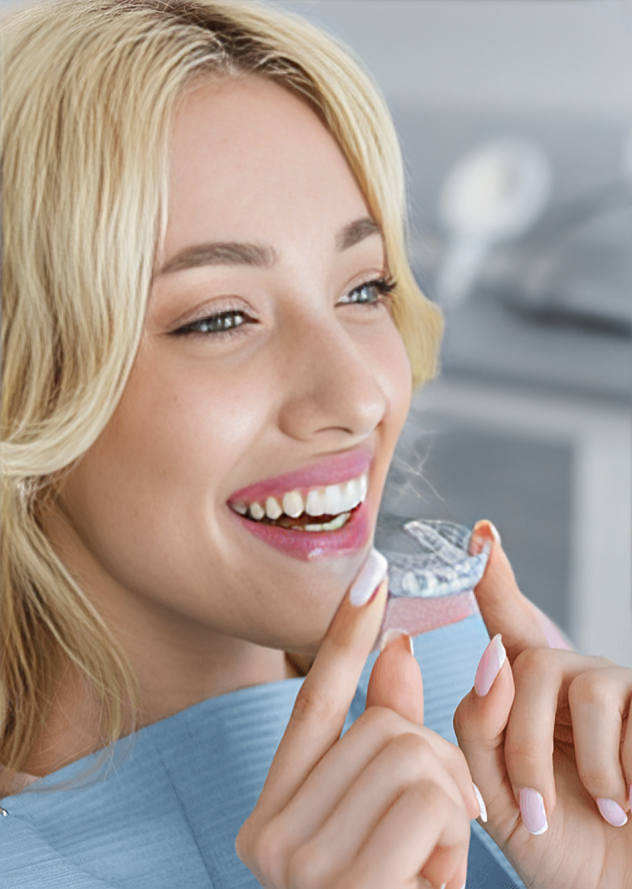 Woman smiling while holding clear orthodontic aligner in modern dental office setting.