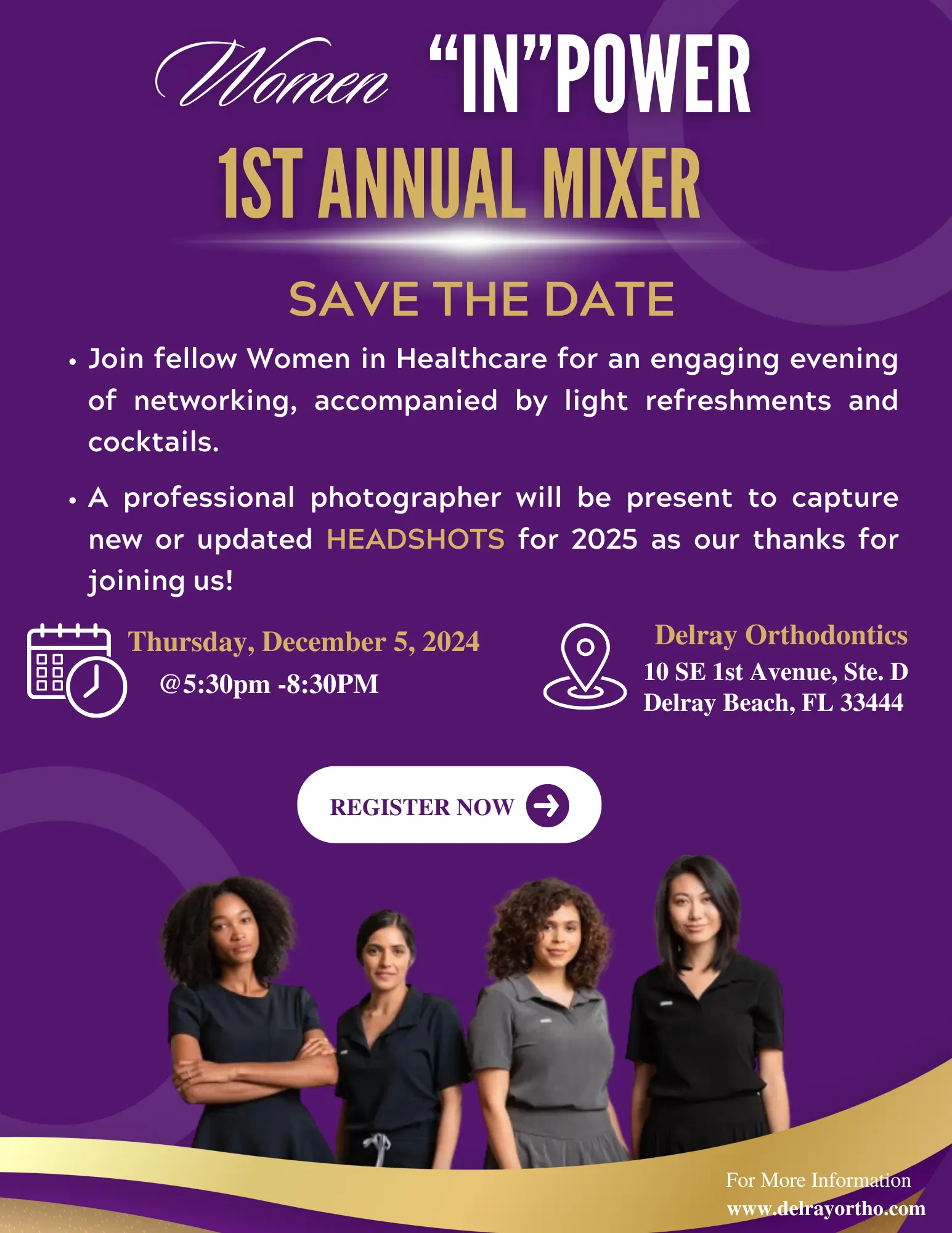 Women in Healthcare networking event poster featuring four professional women against purple background.