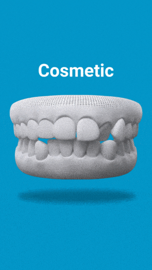 3D dental model showing teeth alignment with "Cosmetic" label on blue background for orthodontics website