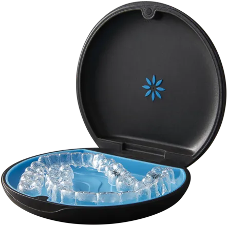 Black round container with blue ice pack insert, open lid showing cooling gel interior.