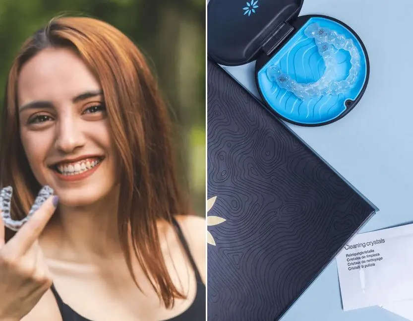 Young woman smiling outdoors; orthodontic blue aligner and dental branding materials displayed.